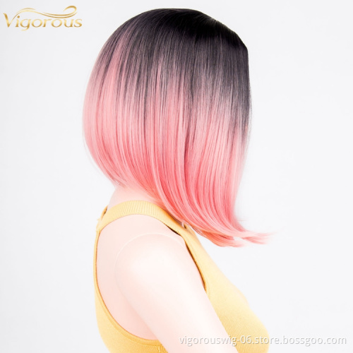 Ombre pink short straight wavy hair vendor high quality premium wholesale synthetic heat resistant wig lace front black women